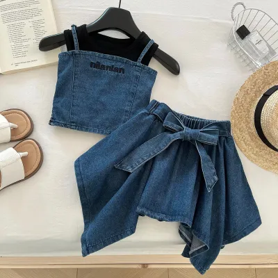 Kids Girls' Summer Denim Camisole Lace-Up Shorts Skirt Two-Piece Set