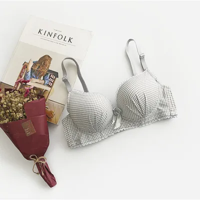 Women Fashion Sexy Plaid Printed Non-Rims Gathering Anti-Sagging Thin Lace Bra