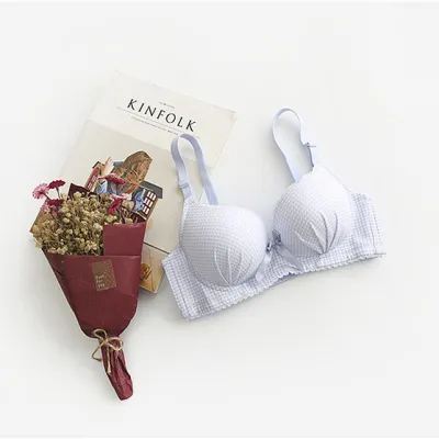 Women Fashion Sexy Plaid Printed Non-Rims Gathering Anti-Sagging Thin Lace Bra