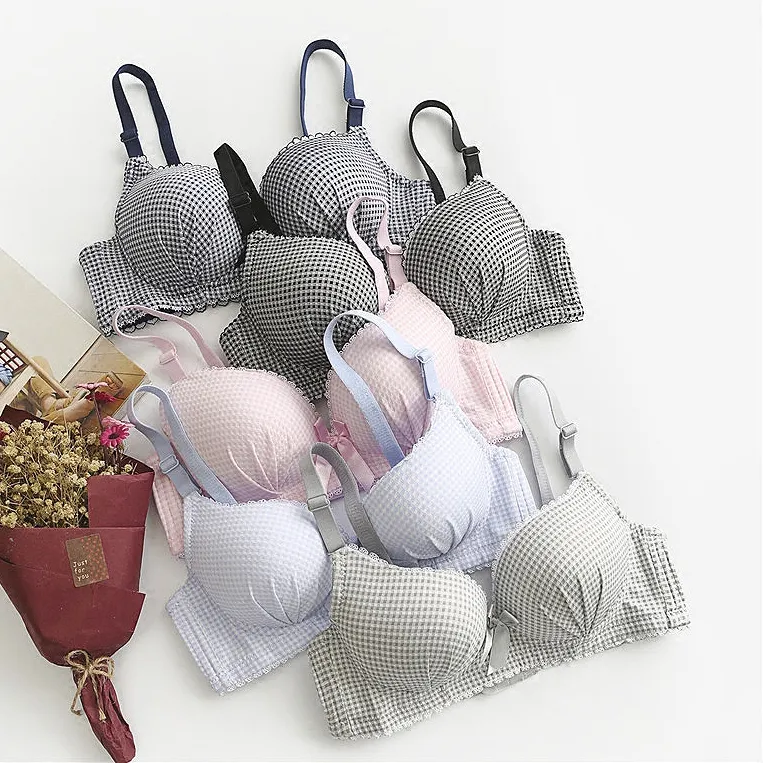 Women Fashion Sexy Plaid Printed Non-Rims Gathering Anti-Sagging Thin Lace Bra