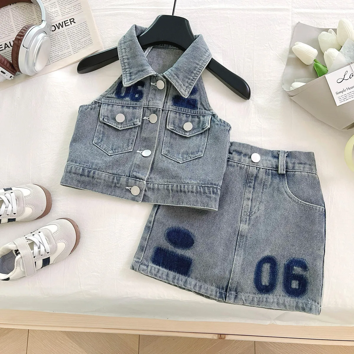 Kids Girls Fashion Casual Spring Summer Denim Lapel Sleeveless Vest Skirts Two-Piece Set