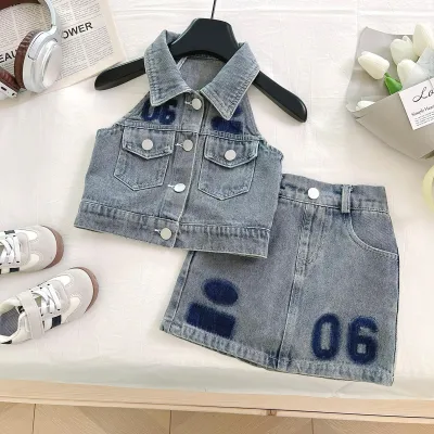 Kids Girls Fashion Casual Spring Summer Denim Lapel Sleeveless Vest Skirts Two-Piece Set