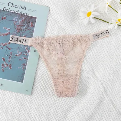 Women Fashion Sexy Solid Color Lace Double Strap Rhinestone Breathable Thong