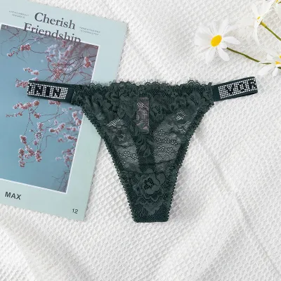 Women Fashion Sexy Solid Color Lace Double Strap Rhinestone Breathable Thong