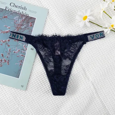 Women Fashion Sexy Solid Color Lace Double Strap Rhinestone Breathable Thong