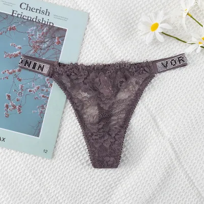 Women Fashion Sexy Solid Color Lace Double Strap Rhinestone Breathable Thong