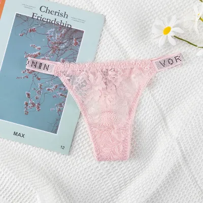Women Fashion Sexy Solid Color Lace Double Strap Rhinestone Breathable Thong