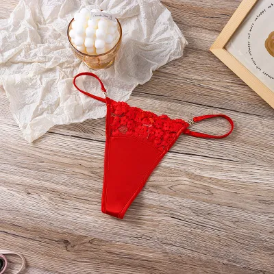 Women Fashion Sexy Solid Color Lace Hollow-Out Low Waist Thong