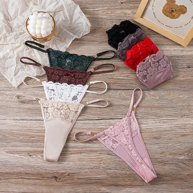 Women Fashion Sexy Solid Color Lace Hollow-Out Low Waist Thong