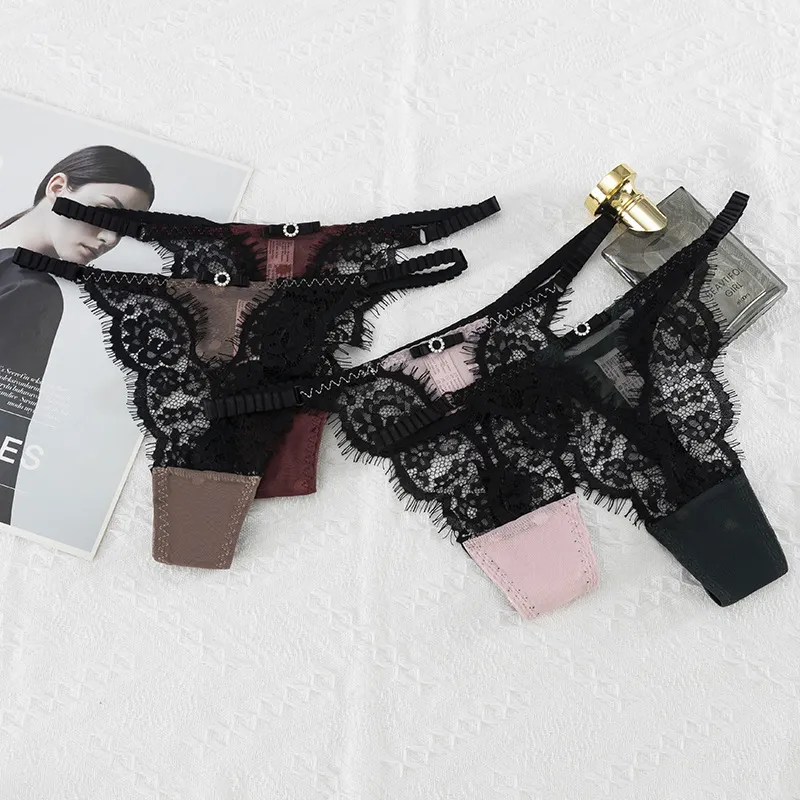 Women Fashion Sexy Solid Color Lace Thin Hollow-Out Thong