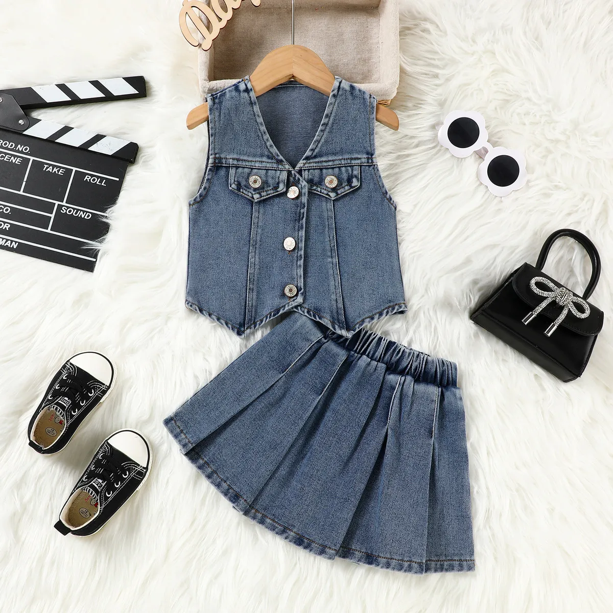 Kids Girls' Fashion Casual Summer Denim Sleeveless Vest Pleated Skirt Two-Piece Set