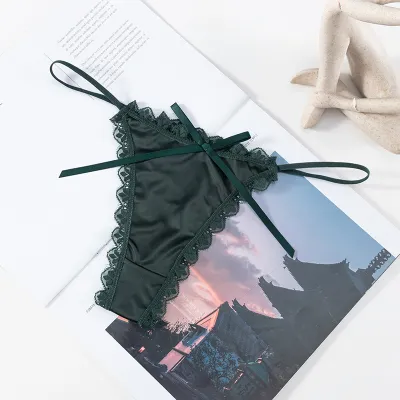 Women Fashion Sexy Solid Color Lace Bowknot Low Waist Thong
