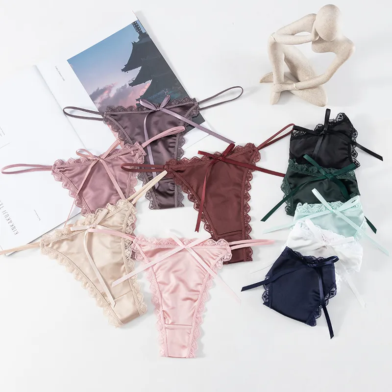 Women Fashion Sexy Solid Color Lace Bowknot Low Waist Thong