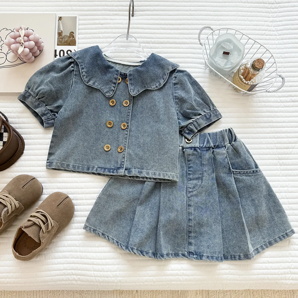 Kids Girls Fashion Casual Summer Denim Lapel Short-Sleeve Cardigan Pleated Skirt Two-Piece Set
