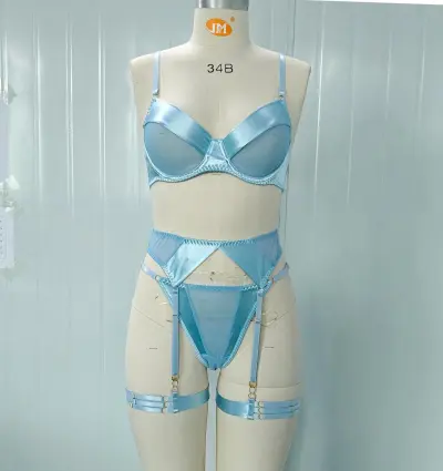 Women Fashion Solid Color Mesh Perspective With Steel Ring Garter Sexy Lingerie Three-Piece Set
