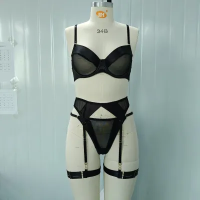Women Fashion Solid Color Mesh Perspective With Steel Ring Garter Sexy Lingerie Three-Piece Set