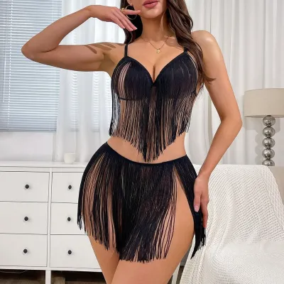 Women Fashion Solid Color Tassel Sexy Lingerie Set