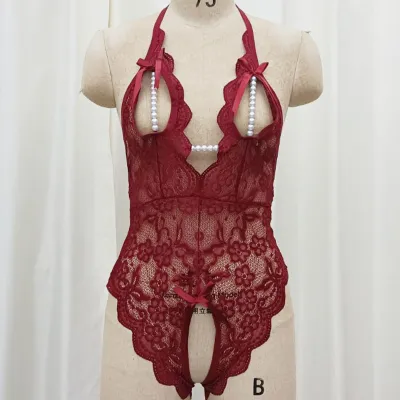 Women Fashion Solid Color Lace Hollow-Out Backless Bead Decoration One-Piece Sexy Lingerie