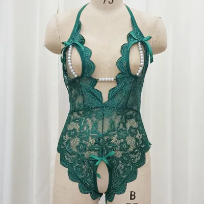 Women Fashion Solid Color Lace Hollow-Out Backless Bead Decoration One-Piece Sexy Lingerie