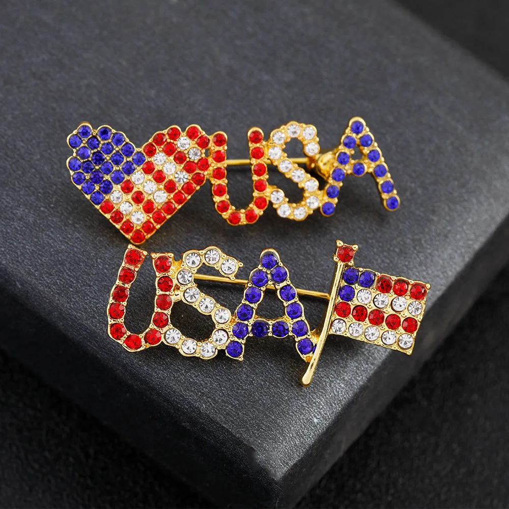 Patriotic American Flag Rhinestone Brooch Pin for Independence Day Party Festivals Unisex Alloy Geometric