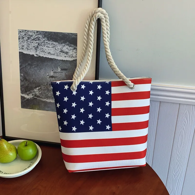 Women Fashion Casual American Flag Printed Large Capacity Canvas Shoulder Bag