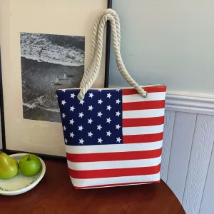 Women Fashion Casual American Flag Printed Large Capacity Canvas Shoulder Bag