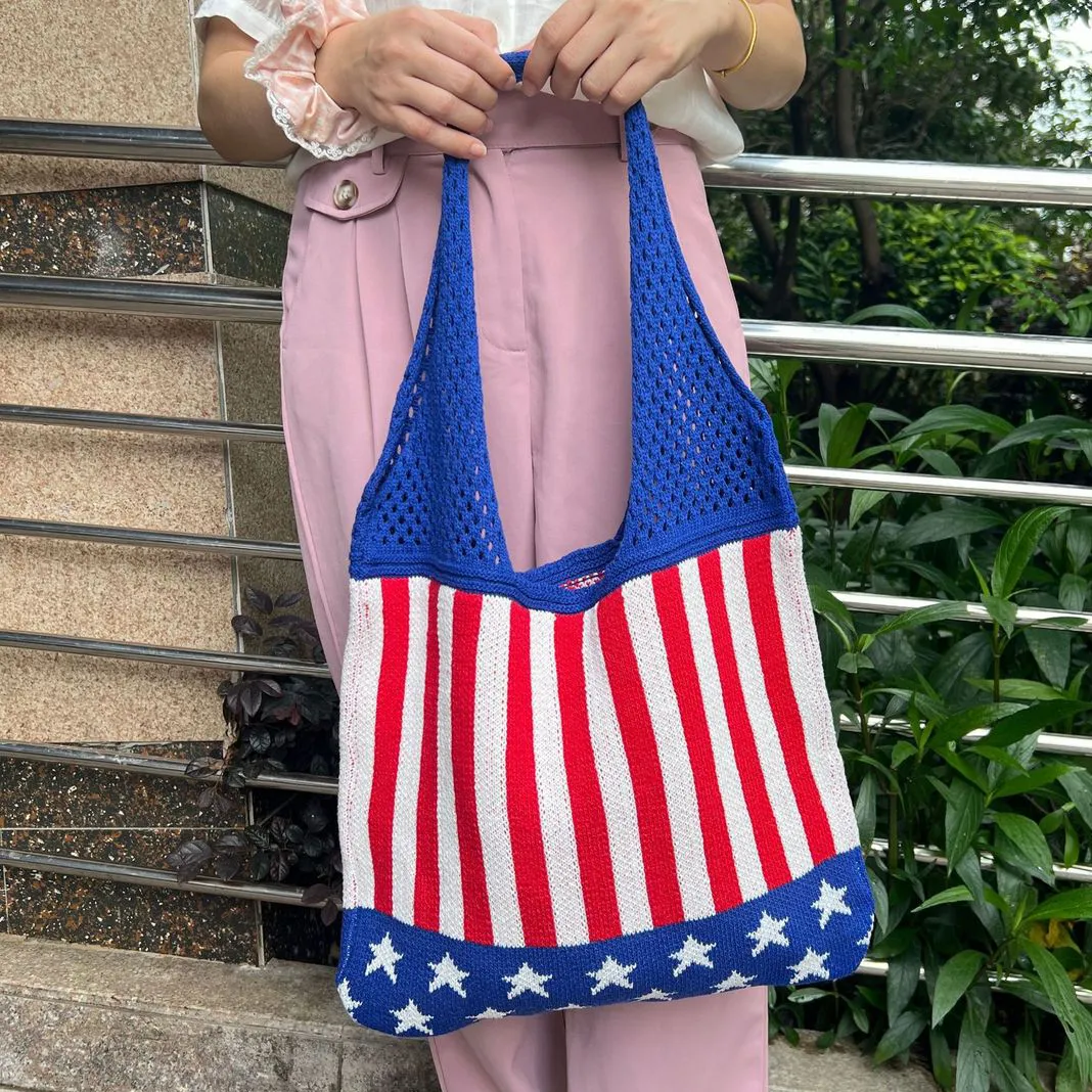 Women Fashion Casual USA Flag Star Stripe Knitted Hollow Shoulder Tote Bag