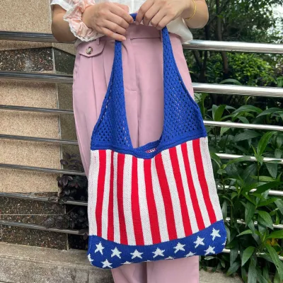 Women Fashion Casual USA Flag Star Stripe Knitted Hollow Shoulder Tote Bag