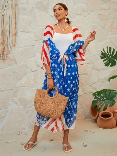 Women Fashion American Flag Print Beach Swimwear Cover-Up