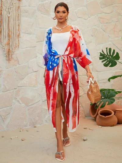 Women Fashion American Flag Print Beach Swimwear Cover-Up
