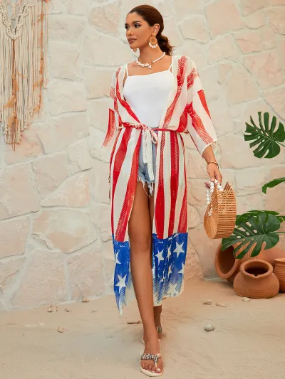 Women Fashion American Flag Print Beach Swimwear Cover-Up