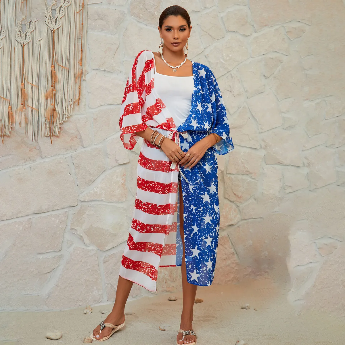 Women Fashion American Flag Print Beach Swimwear Cover-Up