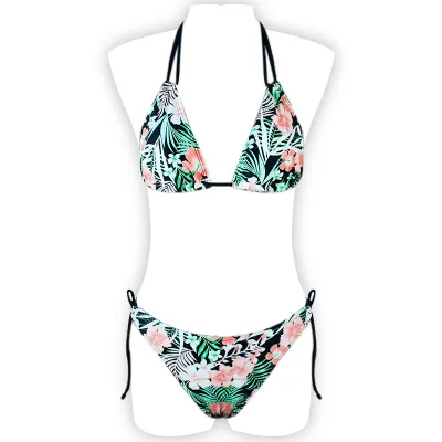 Women Fashion Sexy Printed Halter-Neck Lace-Up Bikini Swimsuit