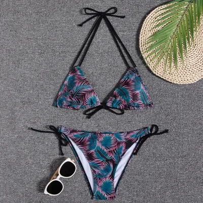 Women Fashion Sexy Printed Halter-Neck Lace-Up Bikini Swimsuit