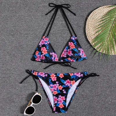 Women Fashion Sexy Printed Halter-Neck Lace-Up Bikini Swimsuit