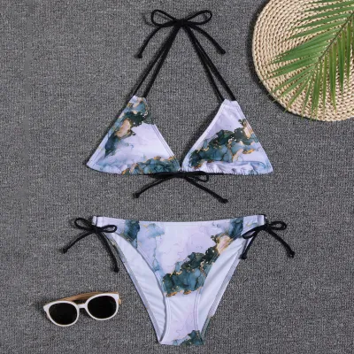 Women Fashion Sexy Printed Halter-Neck Lace-Up Bikini Swimsuit