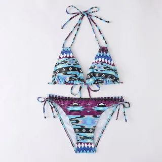 Women Fashion Sexy Printed Halter-Neck Lace-Up Bikini Swimsuit