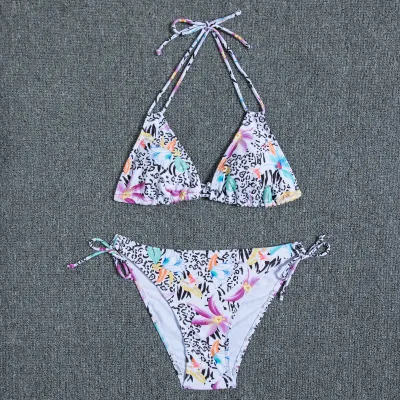 Women Fashion Sexy Printed Halter-Neck Lace-Up Bikini Swimsuit