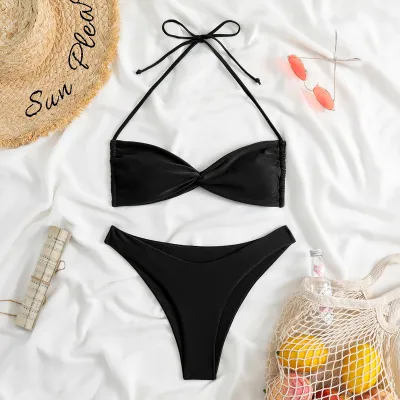 Women Fashion Sexy Leopard Halter-Neck Lace-Up Bikini Swimsuit