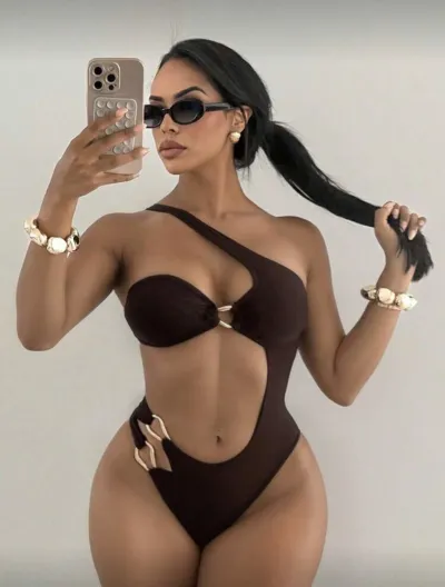 Women Fashion Sexy Solid Color Irregular Metal Buckle One-Piece Swimsuit