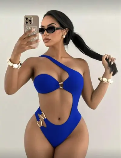 Women Fashion Sexy Solid Color Irregular Metal Buckle One-Piece Swimsuit