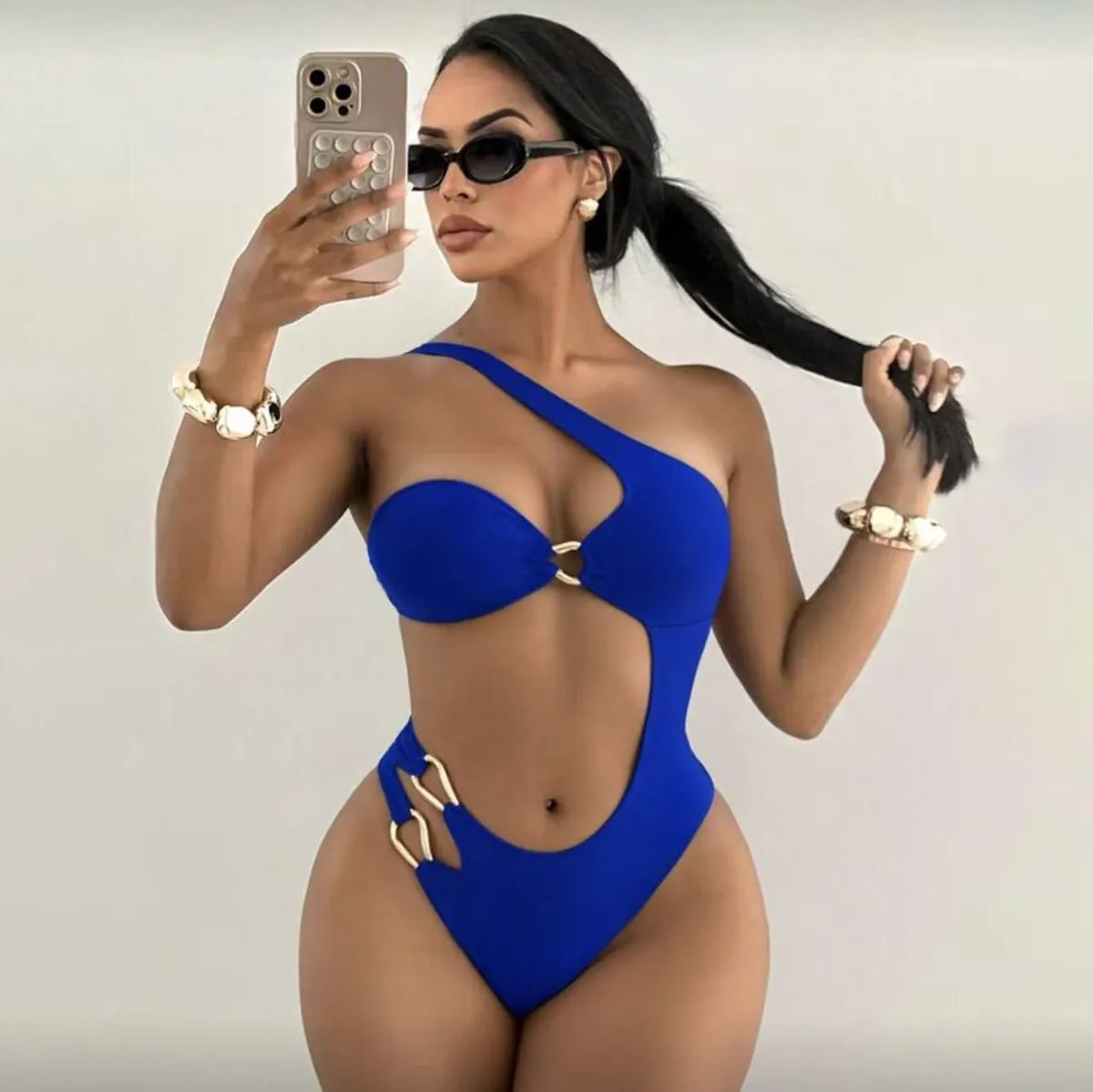 Women Fashion Sexy Solid Color Irregular Metal Buckle One-Piece Swimsuit