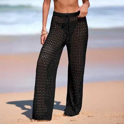 Women Fashion Sexy Solid Color Perspective Knitted Drawstring Beach Swimsuit Cover-Ups
