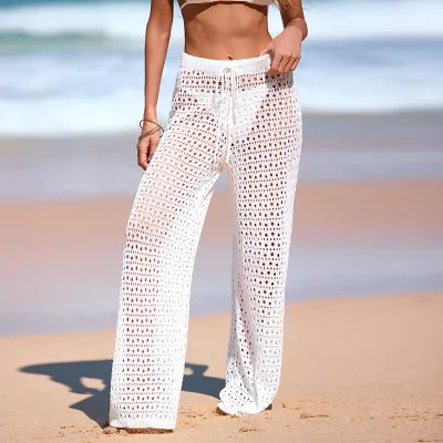 Women Fashion Sexy Solid Color Perspective Knitted Drawstring Beach Swimsuit Cover-Ups