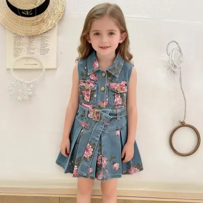 Kids Girls Summer Printed Lapel Sleeveless Belted Denim Dress