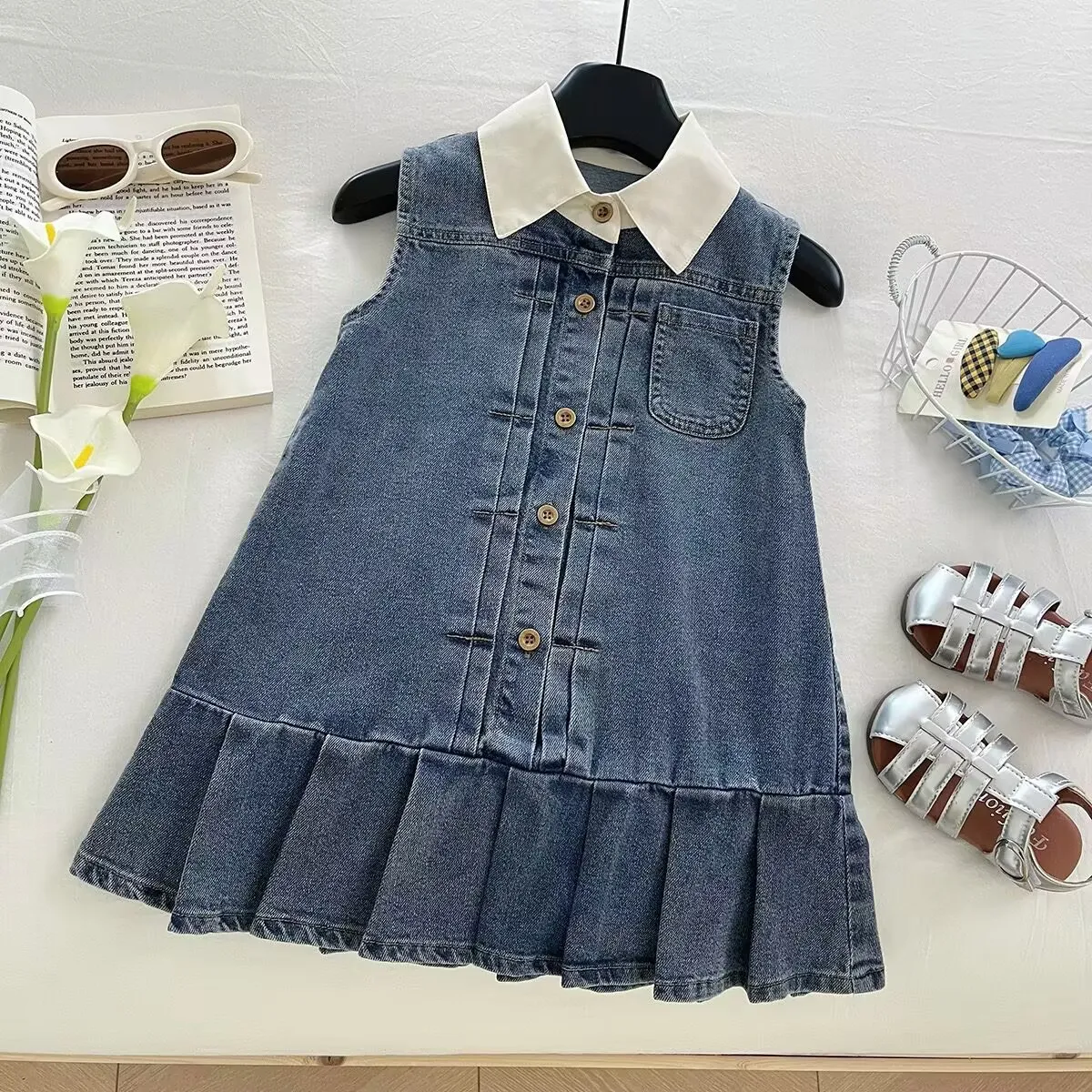 Kids Girls Fashion Summer Lapel Sleeveless Pleated Denim Dress