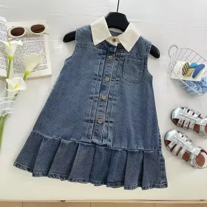 Kids Girls Fashion Summer Lapel Sleeveless Pleated Denim Dress