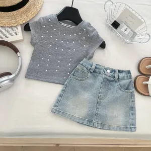Kids Girl's Fashion Casual Summer Rhinestone Short-Sleeve T-Shirt Denim Skirt Two-Piece Set