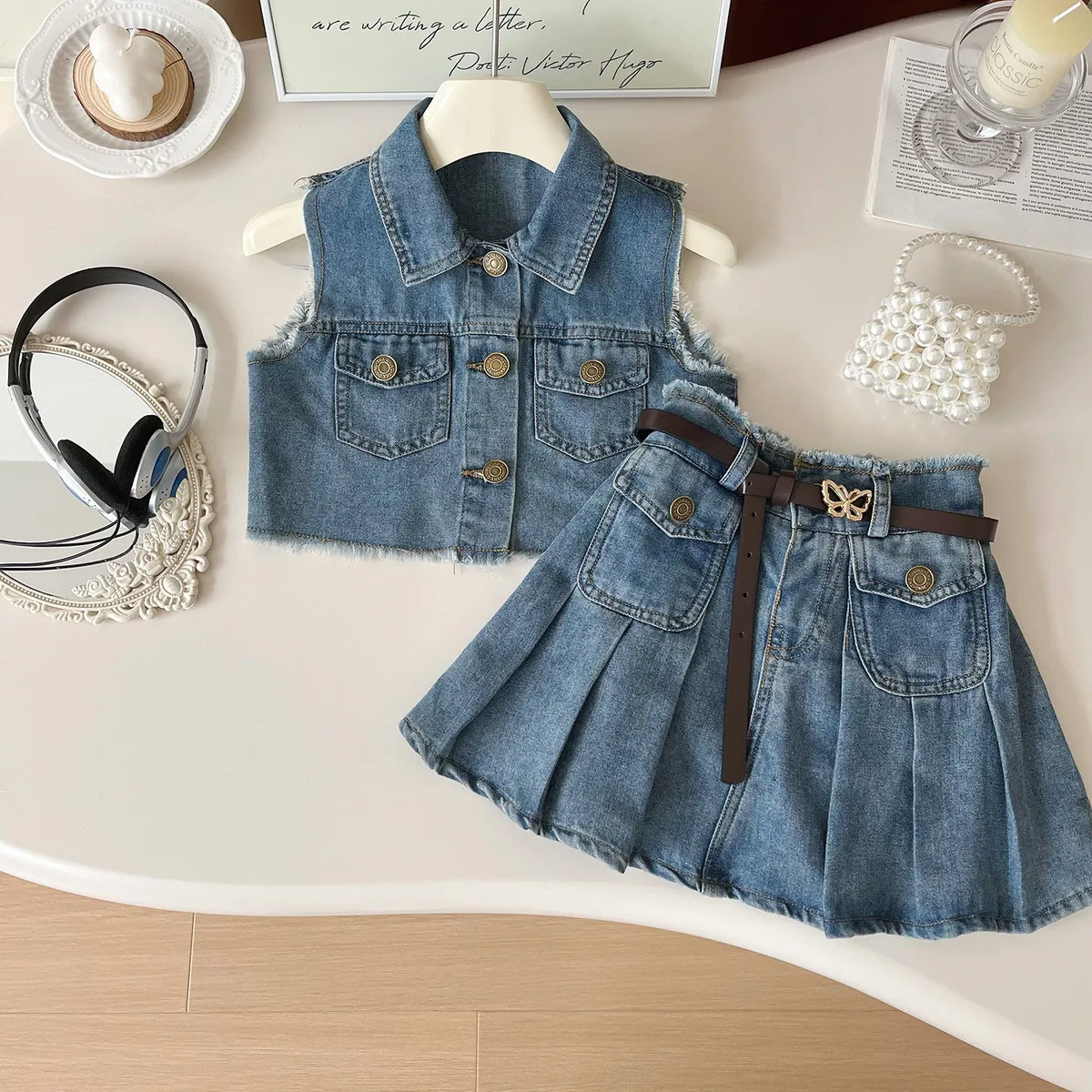 Kids Girls Fashion Summer Denim Lapel Sleeveless Top Pleated Skirt Two-Piece Set Cotton Light-Weight