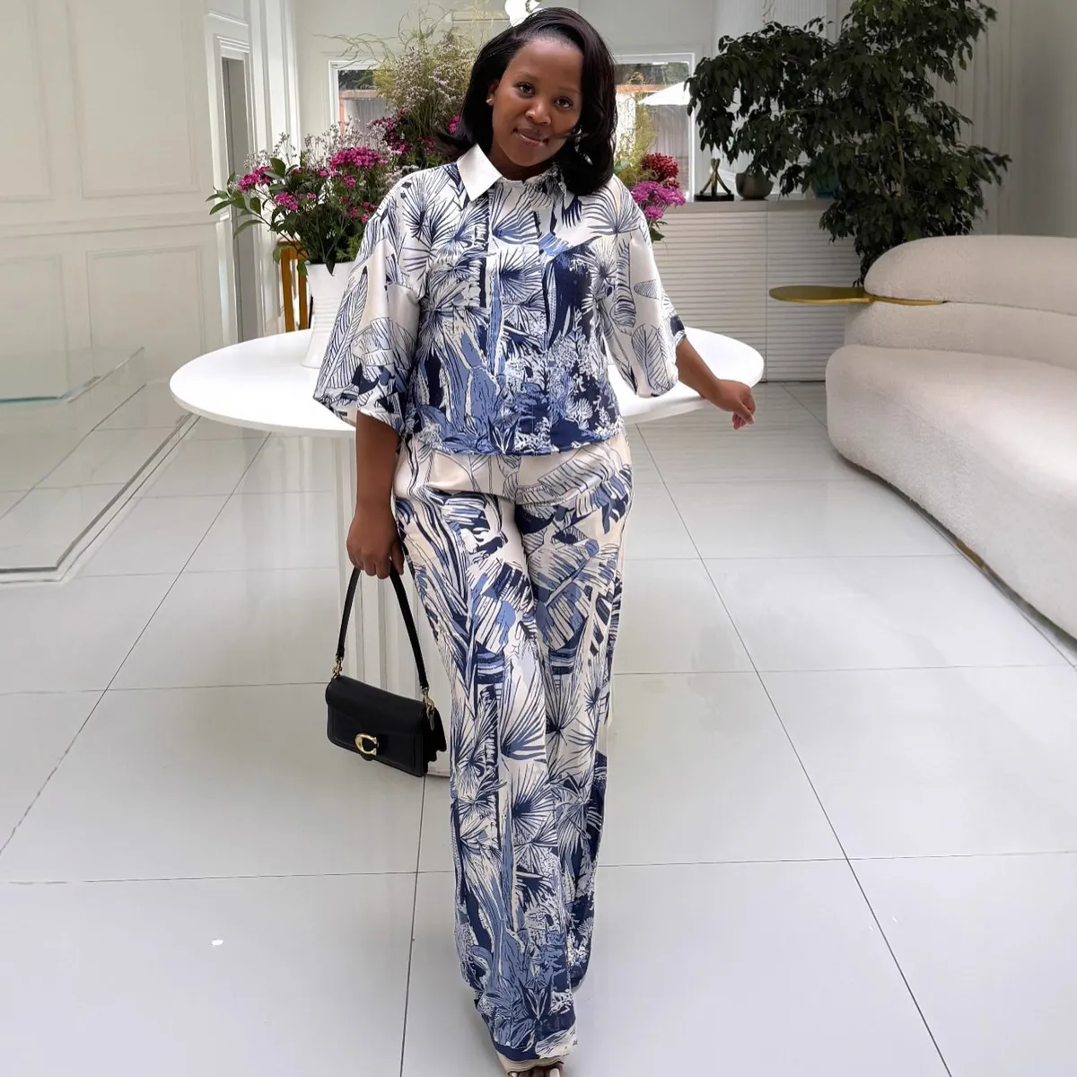 Women Fashion Casual Spring Printed Lapel Short-Sleeve Blouse Loose Pants African Two-Piece Set